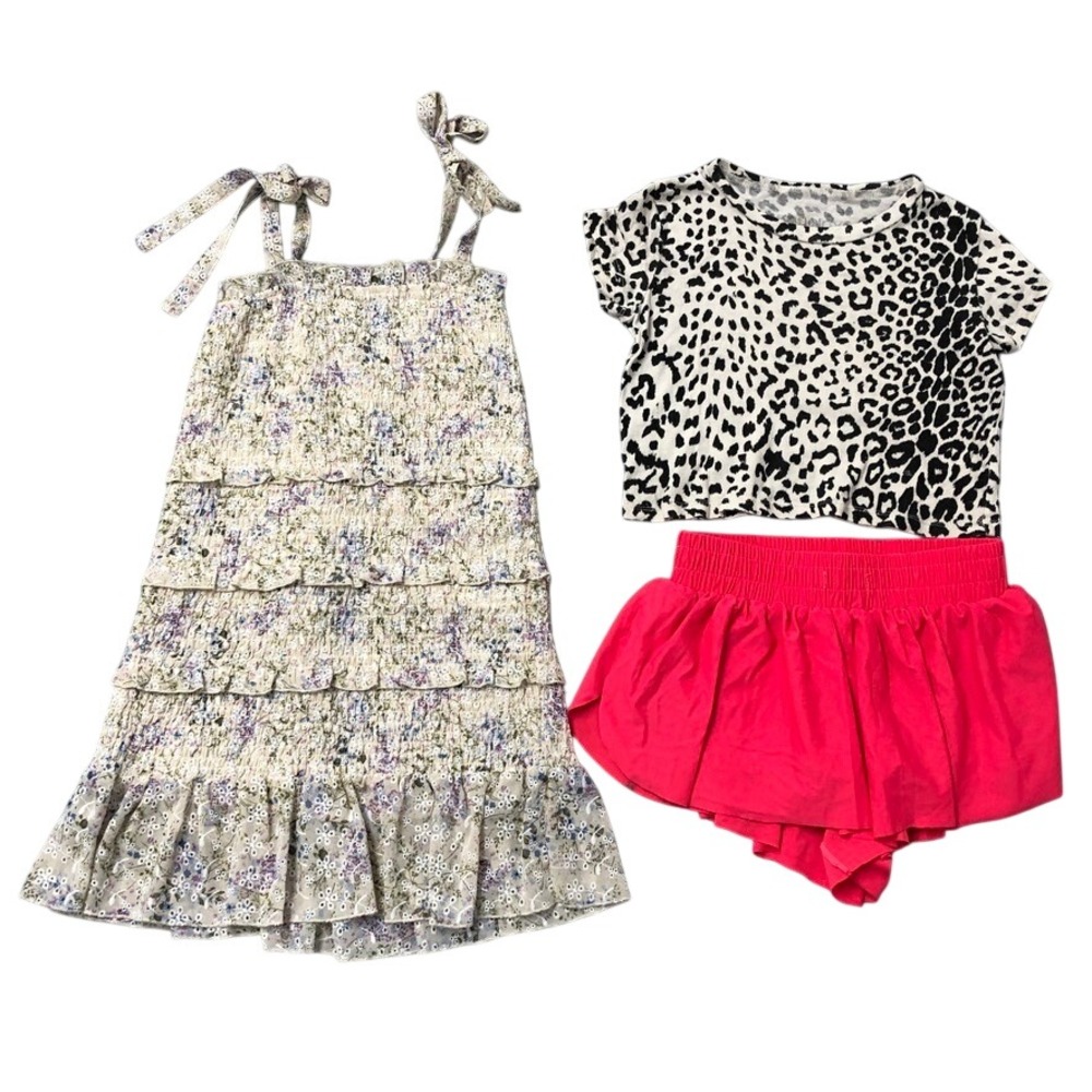 Katie J NYC 3pc Set Girls S/XS Pink Leopard Floral Dress Shorts Crop Top Bundle